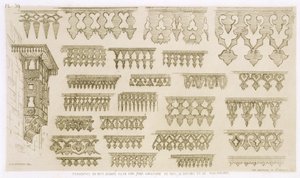 Islamiske tegninger til dekoration af gesimser, balkoner og mashrabiyah, fra "Art and Industry", udgivet af Delatre, Paris, 1857